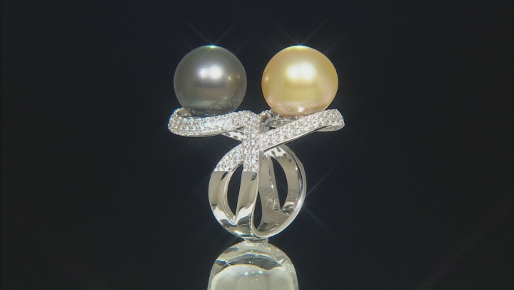 Cultured South Sea And Tahitian Pearl With White Zircon Rhodium Over Sterling Silver Ring Video Thumbnail