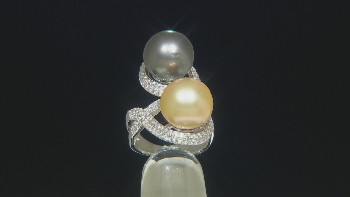 Cultured South Sea And Tahitian Pearl With White Zircon Rhodium Over Sterling Silver Ring Video Thumbnail