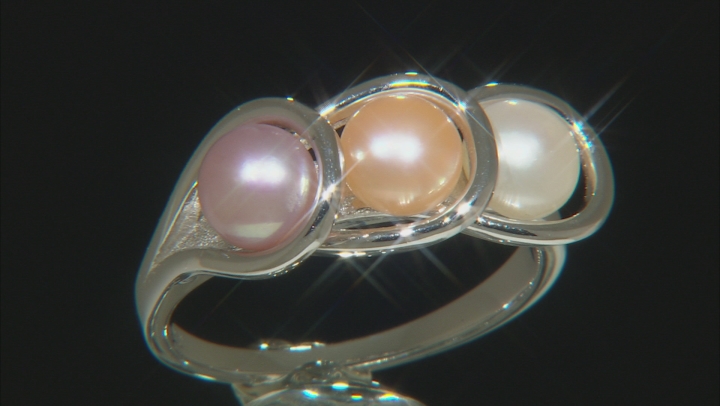 White, Pink, And Peach Cultured Freshwater Pearl Rhodium Over Sterling Silver Ring 5mm Video Thumbnail