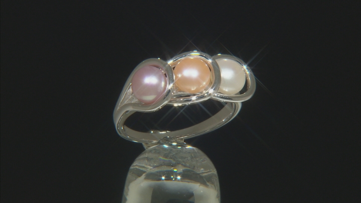 White, Pink, And Peach Cultured Freshwater Pearl Rhodium Over Sterling Silver Ring 5mm Video Thumbnail