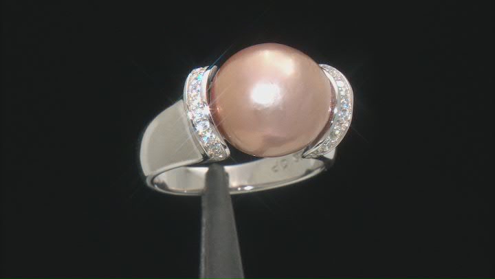 Pink Cultured Freshwater Pearl And Cubic Zirconia 0.18ctw Rhodium Over Sterling Silver Ring 11mm Video Thumbnail