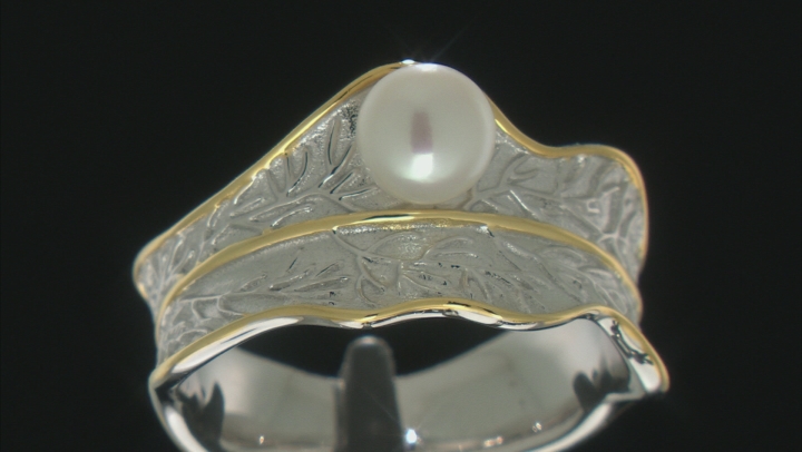 White Cultured Freshwater Pearl 6mm Rhodium & 18k Yellow Gold Over Sterling Silver Ring Video Thumbnail