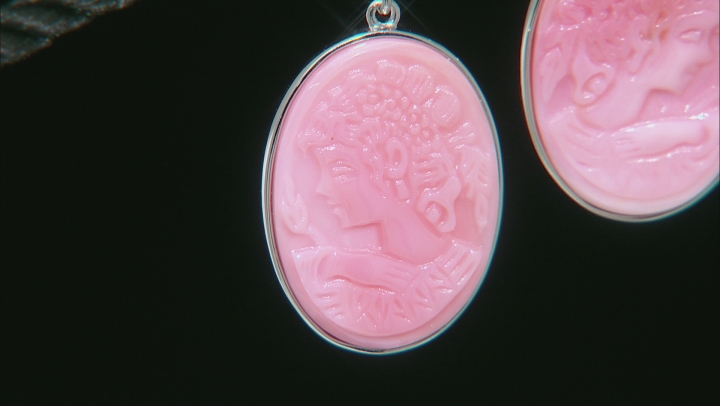 Pink Conch Shell Rhodium Over Sterling Silver Cameo Earrings Video Thumbnail