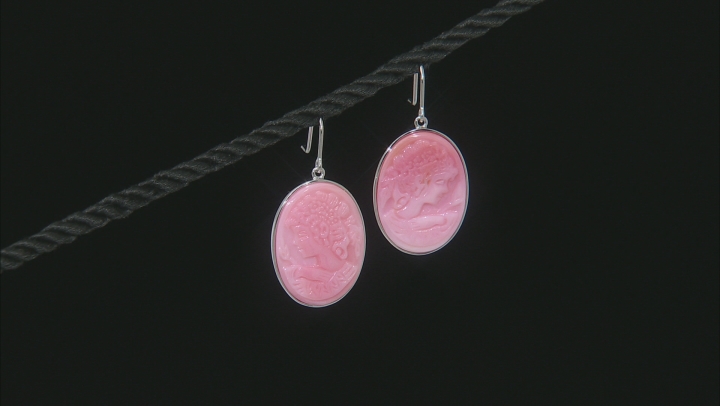 Pink Conch Shell Rhodium Over Sterling Silver Cameo Earrings Video Thumbnail