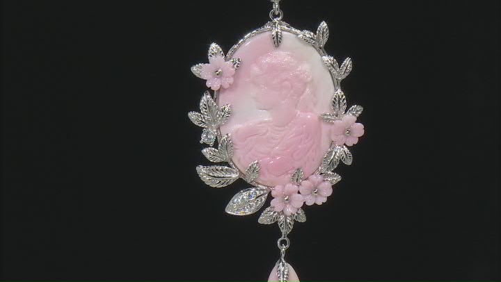 Pink Conch Shell & Cubic Zirconia Rhodium Over Sterling Silver Cameo Enhancer 0.30ctw Video Thumbnail