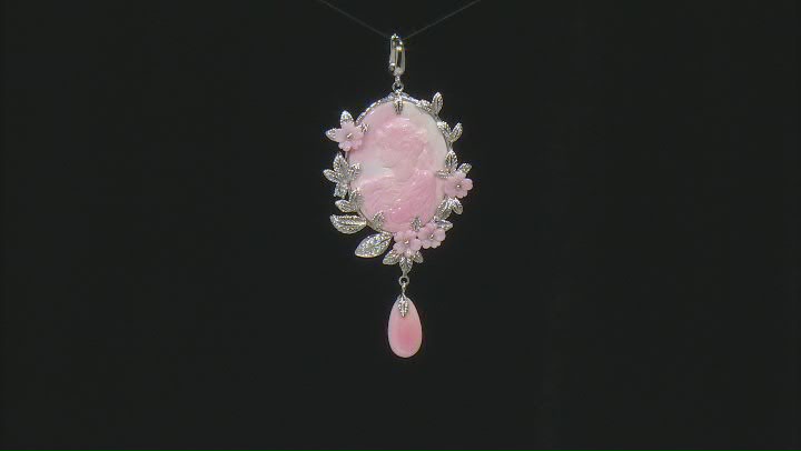 Pink Conch Shell & Cubic Zirconia Rhodium Over Sterling Silver Cameo Enhancer 0.30ctw Video Thumbnail