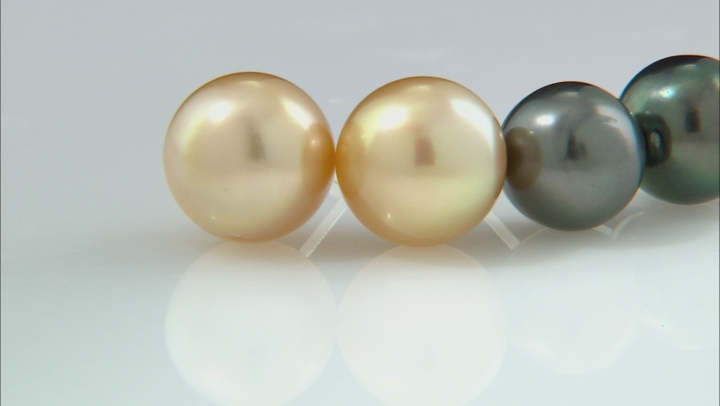 Golden Cultured South Sea And Tahitian Pearl Rhodium Over Sterling Silver Earrings Set of 2 9-11mm Video Thumbnail
