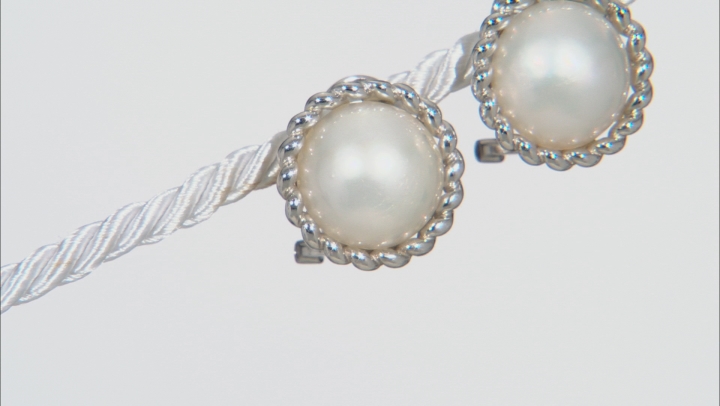 White Cultured South Sea Mabe Pearl 12mm Rhodium Over Sterling Silver Earrings Video Thumbnail