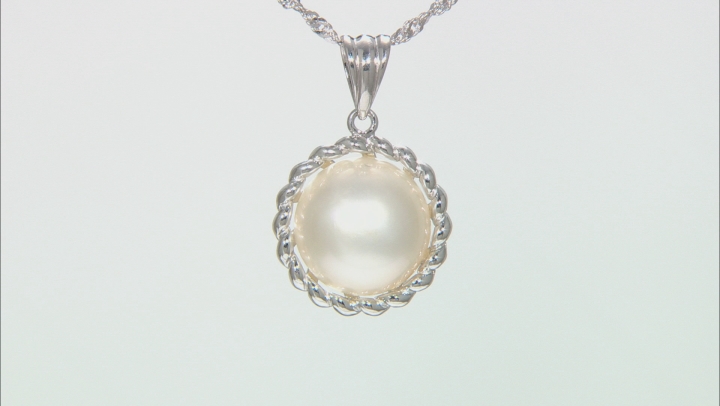 White Cultured South Sea Mabe Pearl 14mm Rhodium Over Sterling Silver Pendant With Chain Video Thumbnail