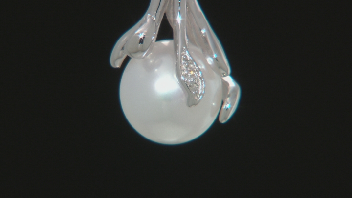 White Cultured Freshwater Pearl & White Zircon Rhodium Over Sterling Silver Pendant With Chain Video Thumbnail
