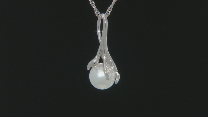 White Cultured Freshwater Pearl & White Zircon Rhodium Over Sterling Silver Pendant With Chain Video Thumbnail
