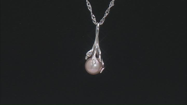 Pink Cultured Freshwater Pearl & White Zircon Rhodium Over Sterling Silver Pendant With Chain Video Thumbnail