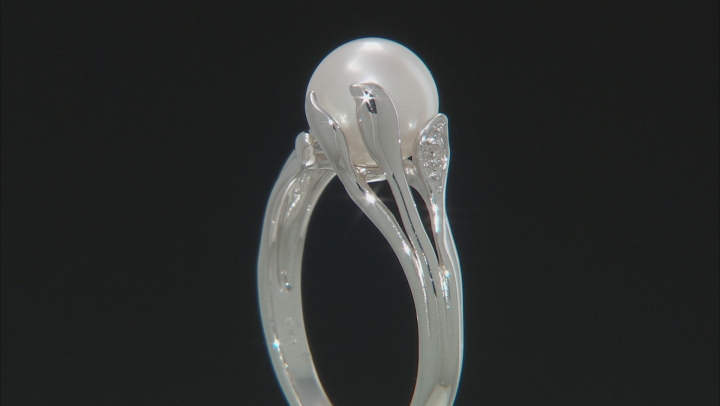 White Cultured Freshwater Pearl & White Zircon Rhodium Over Sterling Silver Ring Video Thumbnail