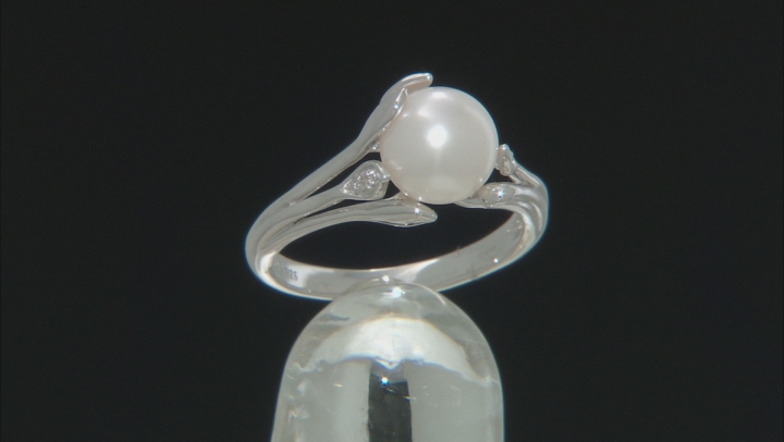 White Cultured Freshwater Pearl & White Zircon Rhodium Over Sterling Silver Ring Video Thumbnail