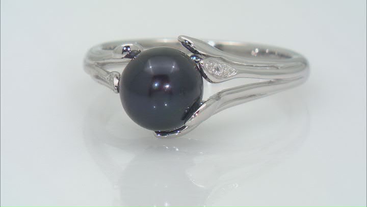 Black Cultured Freshwater Pearl & White Zircon Rhodium Over Sterling Silver Ring Video Thumbnail