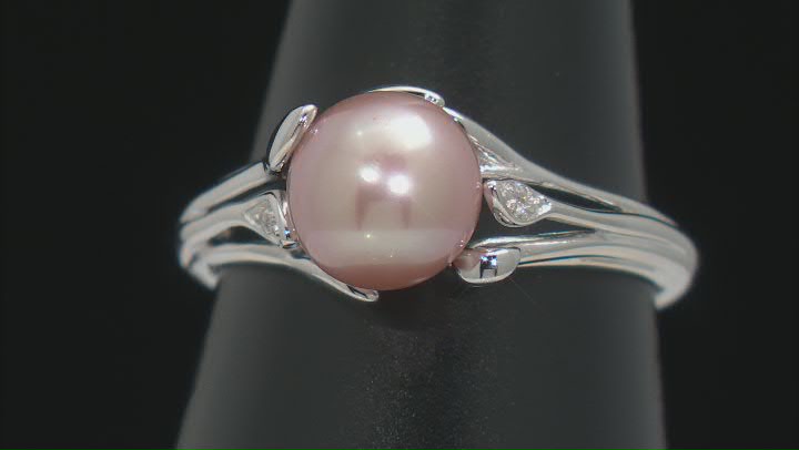 Pink Cultured Freshwater Pearl & White Zircon Rhodium Over Sterling Silver Ring Video Thumbnail