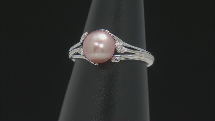 Pink Cultured Freshwater Pearl & White Zircon Rhodium Over Sterling Silver Ring Video Thumbnail