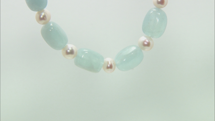 White Cultured Freshwater Pearl & Aquamarine Rhodium Over Sterling Silver 20 Inch Necklace Video Thumbnail