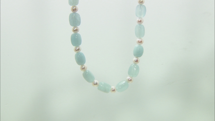 White Cultured Freshwater Pearl & Aquamarine Rhodium Over Sterling Silver 20 Inch Necklace Video Thumbnail