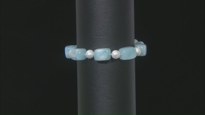 White Cultured Freshwater Pearl & Aquamarine Stretch Bracelet Video Thumbnail