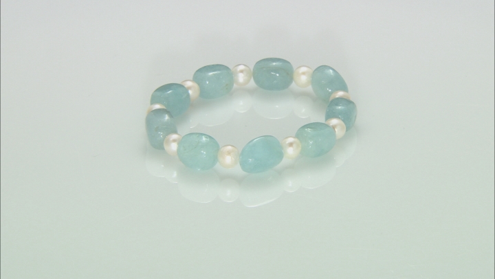 White Cultured Freshwater Pearl & Aquamarine Stretch Bracelet Video Thumbnail