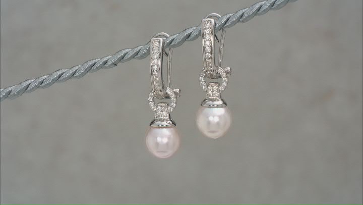 White Cultured Japanese Akoya Pearl & 0.42ctw White Zircon Rhodium Over Sterling Silver Earrings Video Thumbnail