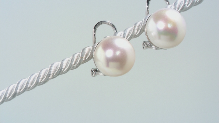 White Cultured Freshwater Pearl 11-12mm Rhodium Over Silver Omega Earrings Video Thumbnail