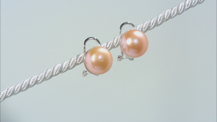 Pink Cultured Freshwater Pearl 11-12mm Rhodium Over Silver Omega Earring Video Thumbnail