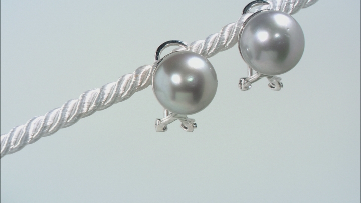 Silver Cultured Freshwater Pearl 11-12mm Rhodium Over Silver Omega Earrings Video Thumbnail