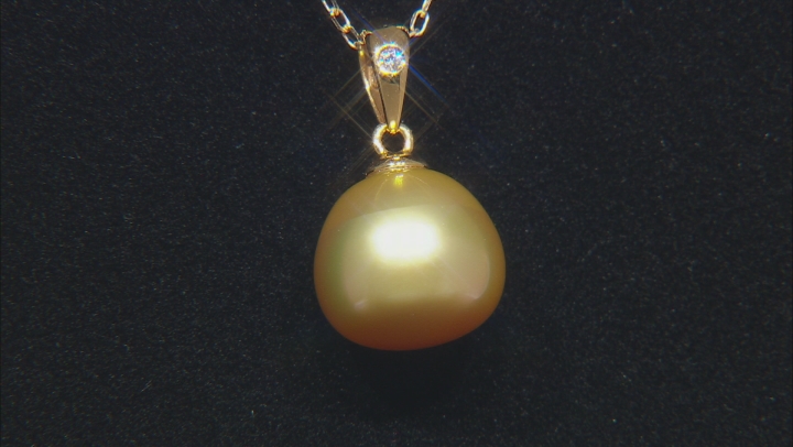 Golden Cultured South Sea Pearl With Diamond Accent 14k Yellow Gold Pendant With Chain Video Thumbnail