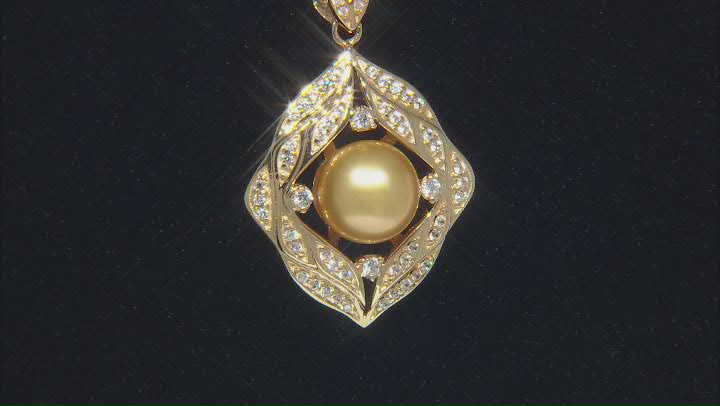 Golden Cultured South Sea Pearl & White Zircon 18k Yellow Gold Over Sterling Silver Pendant Video Thumbnail