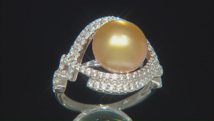 Golden Cultured South Sea Pearl & White Zircon Rhodium Over Sterling Silver Ring Video Thumbnail