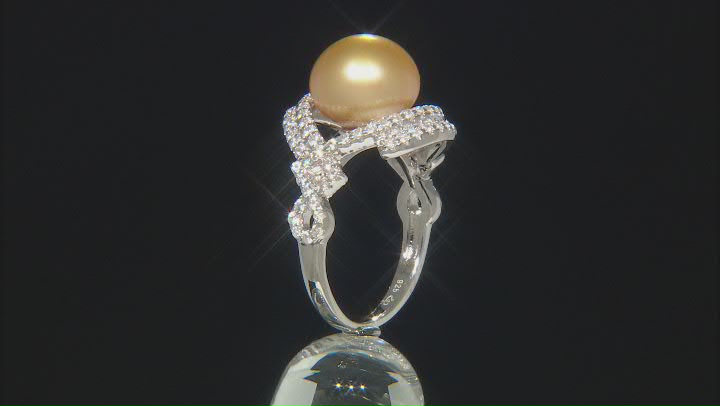 Golden Cultured South Sea Pearl & White Zircon Rhodium Over Sterling Silver Ring Video Thumbnail