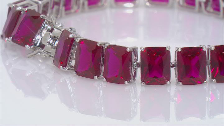 Red Lab Created Ruby Rhodium Over Sterling Silver Tennis Bracelet 49.66ctw Video Thumbnail