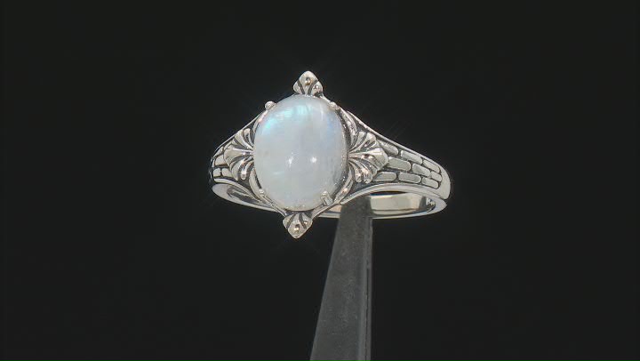 10x8mm Oval Cabochon Rainbow Moonstone Sterling Silver Solitaire Ring Video Thumbnail