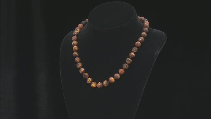 Brown Tiger Eye Rhodium Over Sterling Silver Bead Necklace Video Thumbnail