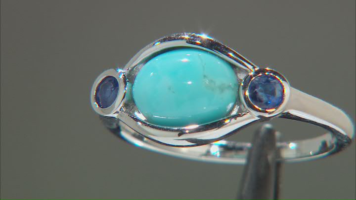 Blue Oval Cabochon Turquoise Rhodium Over Silver 3-Stone Ring 0.22ctw Video Thumbnail