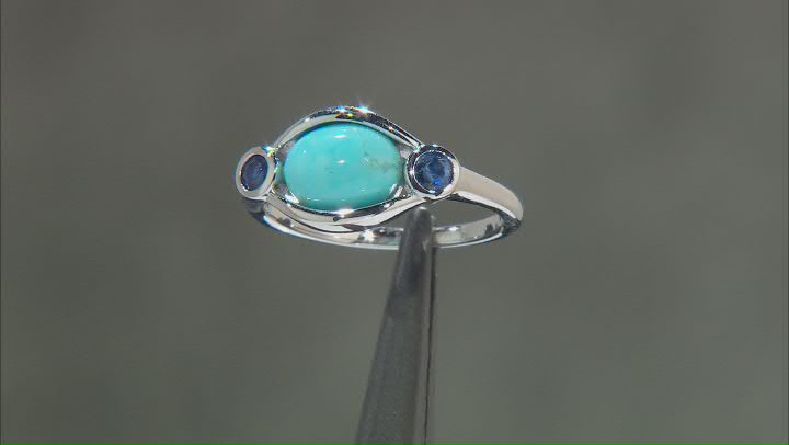 Blue Oval Cabochon Turquoise Rhodium Over Silver 3-Stone Ring 0.22ctw Video Thumbnail