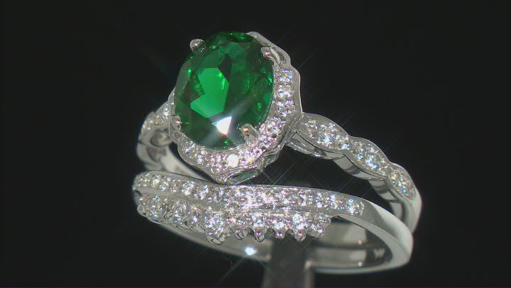 Green Lab Created Emerald Rhodium Over Sterling Silver Ring Set 1.84ctw Video Thumbnail