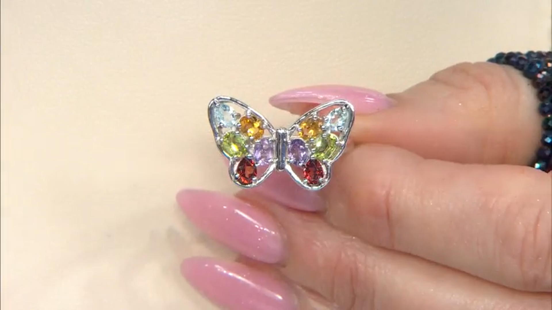 Multicolor Multi-Gem Rhodium Over Sterling Silver Butterfly Ring 1.45ctw Video Thumbnail