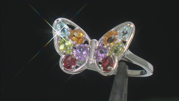 Multicolor Multi-Gem Rhodium Over Sterling Silver Butterfly Ring 1.45ctw Video Thumbnail