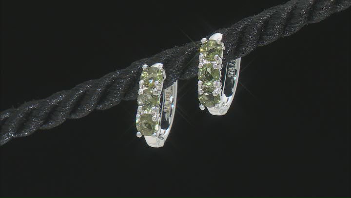 Green Moldavite Rhodium Over Sterling Silver 3-Stone Hoop Earrings 1.07ctw Video Thumbnail