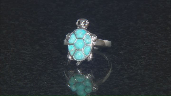 Blue Turquoise Rhodium Over Sterling Silver Turtle Ring 0.07ctw Video Thumbnail