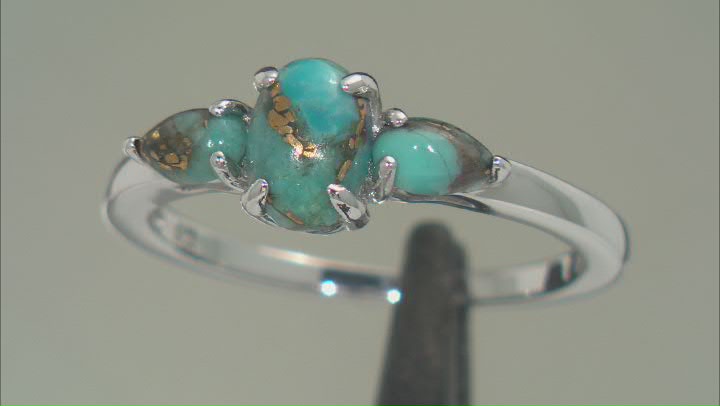 Blue Mohave Turquoise Rhodium Over Sterling Silver 3-Stone Ring Video Thumbnail