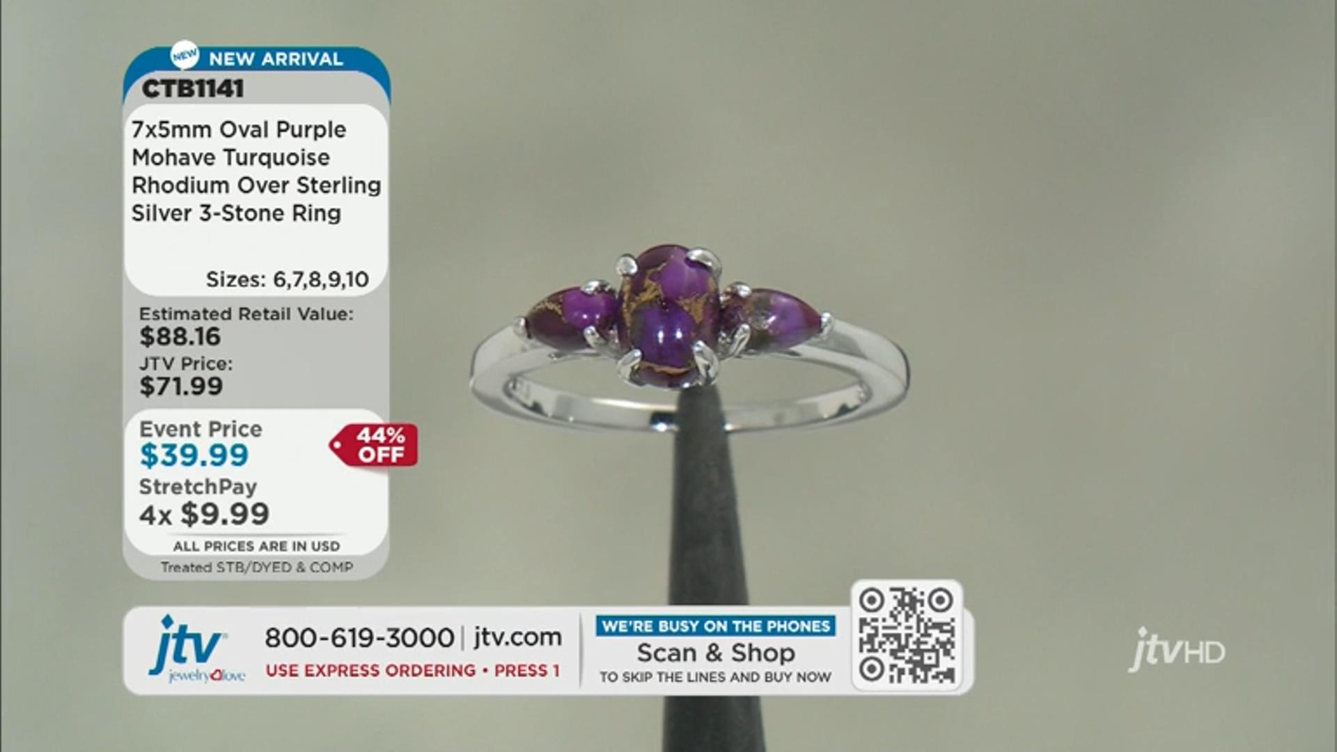 Purple Mohave Turquoise Rhodium Over Sterling Silver 3-Stone Ring Video Thumbnail