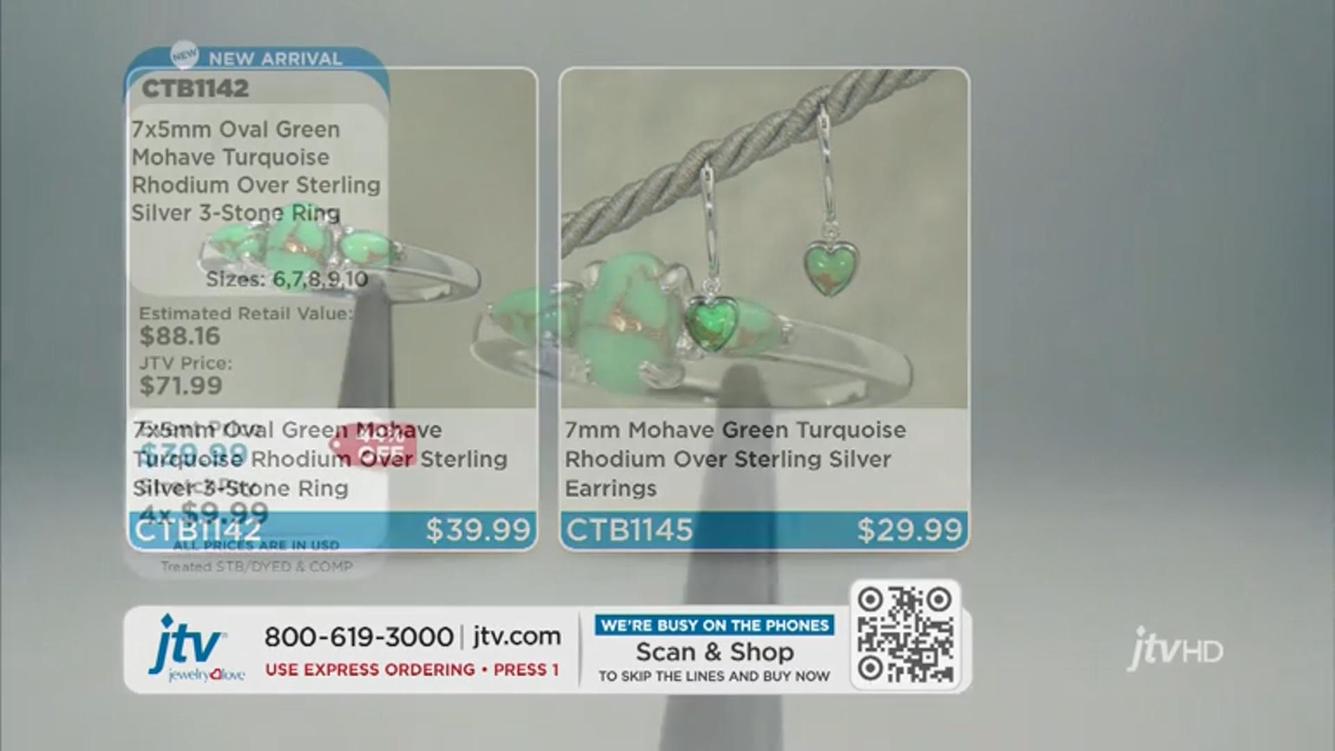 Green Mohave Turquoise Rhodium Over Sterling Silver 3-Stone Ring Video Thumbnail