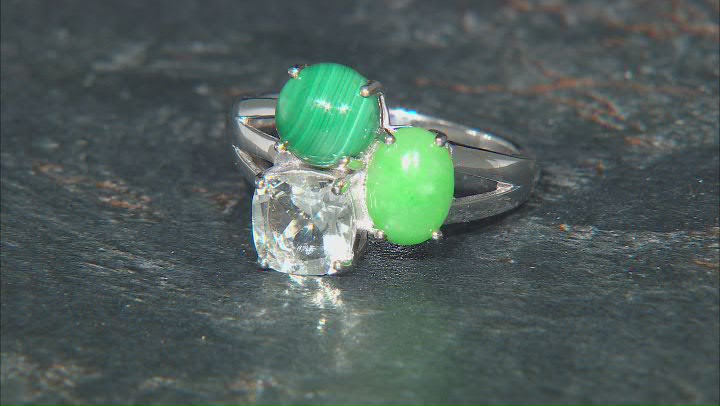 Green Jadeite Rhodium Over Sterling Silver 3-Stone Ring 1.40ct Video Thumbnail