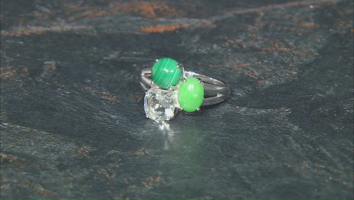 Green Jadeite Rhodium Over Sterling Silver 3-Stone Ring 1.40ct Video Thumbnail