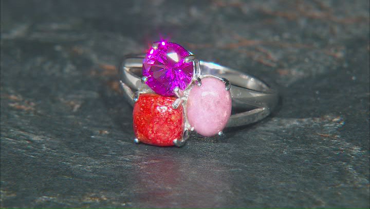 Pink Rhodonite Rhodium Over Silver 3-Stone Ring 1.36ct Video Thumbnail