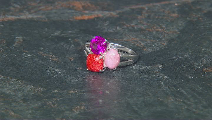 Pink Rhodonite Rhodium Over Silver 3-Stone Ring 1.36ct Video Thumbnail